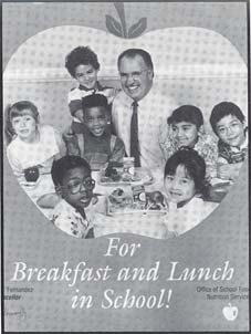 poster of a older man surrounded by young school children framed by the shape of an apple with text that reads, For Breakfast and Lunch in School!