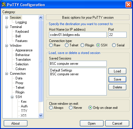 specifying the host to connect to and saving your options.