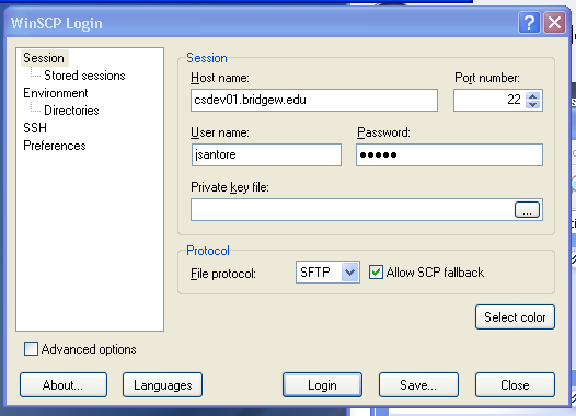 logging in to csdev01 using winscp