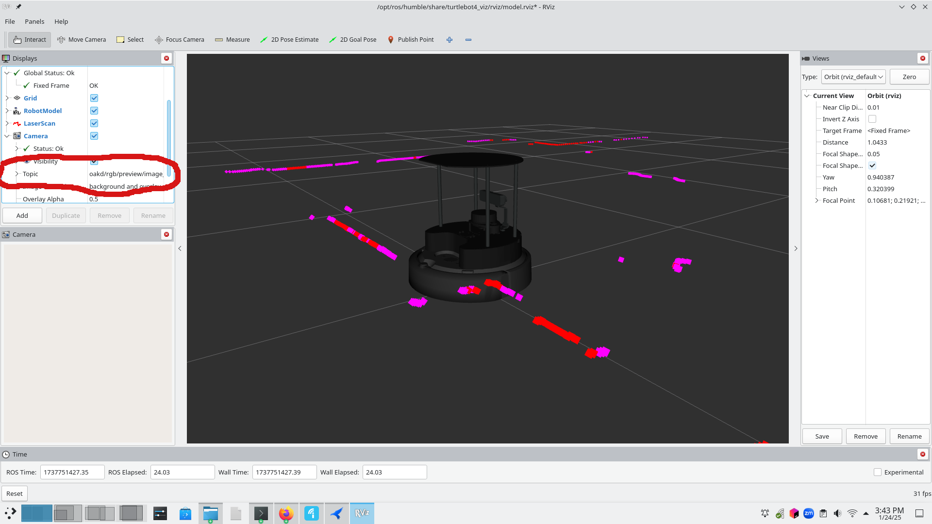 rviz displaying some of the sensor data the robot is recieving